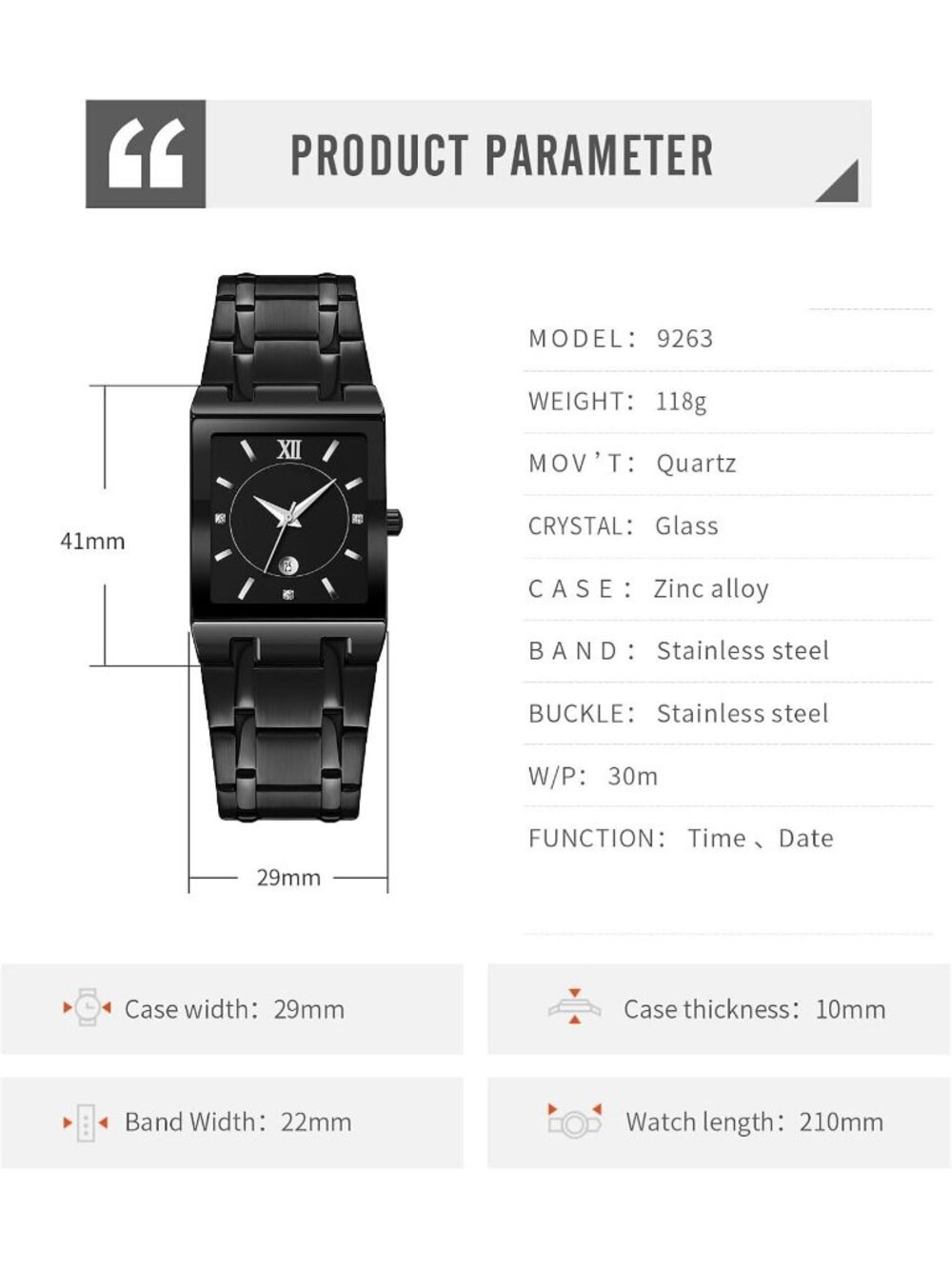 Men's Silver Square Dial Date Waterproof Analog Quartz Stainless Steel Watches - Picture 4 of 4